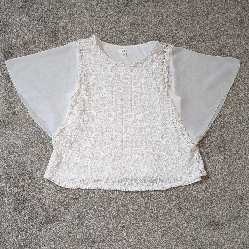 CATO WOMAN White Lace Pullover Top w Sheer Chiffon Flared Sleeves; Size 18/20W